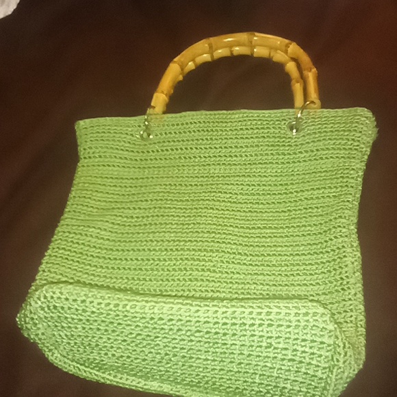 Vintage crocheted purse w/rattan handles (straps) - Picture 1 of 8